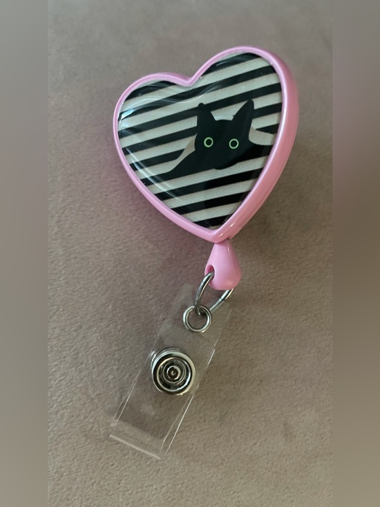 Handmade Accessories - Pink Black & White Striped Cat Heart Nurse Badge Reel Retractable Alligator Clip